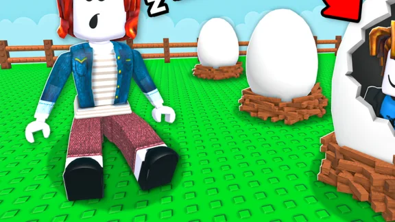 Fake an Egg 官方宣传图局部:绿色地面、木栅栏围栏、坐在蛋旁的玩家与鸟巢