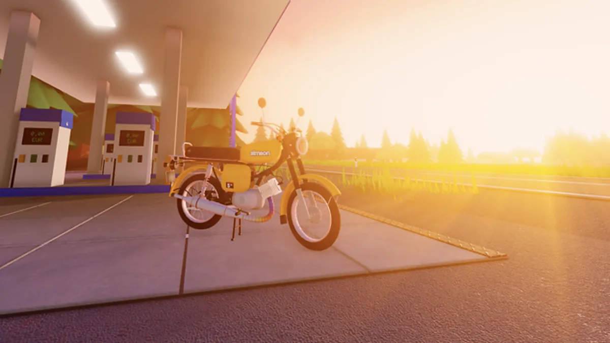 A yellow Simson S51 standing under a fuel station canopy at sunset, the first moped most new players see in the game