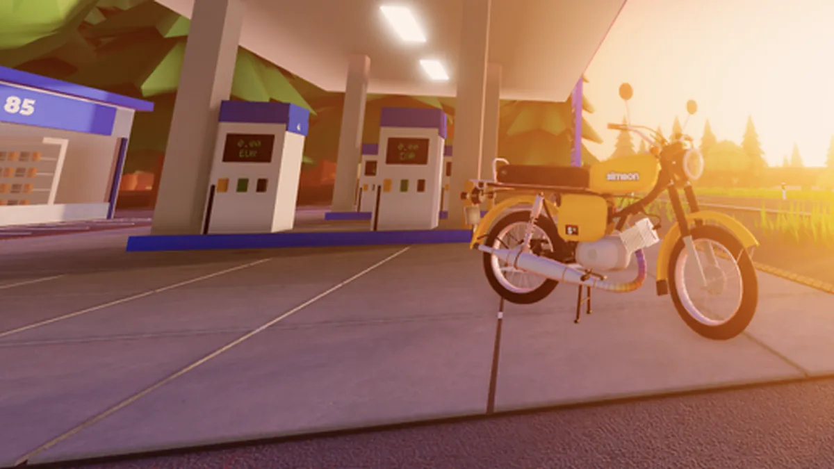 A yellow Simson S51 parked at a fuel station shop that shows the pump price board, the place where new players usually spend their first code euros