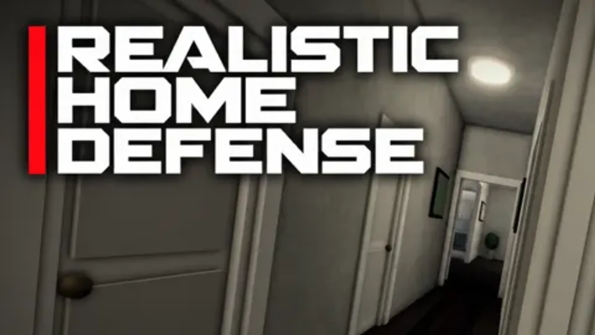 Realistic Home Defense hallway: a first-person view down a dark corridor with doors on both sides and a flashlight lighting the far end