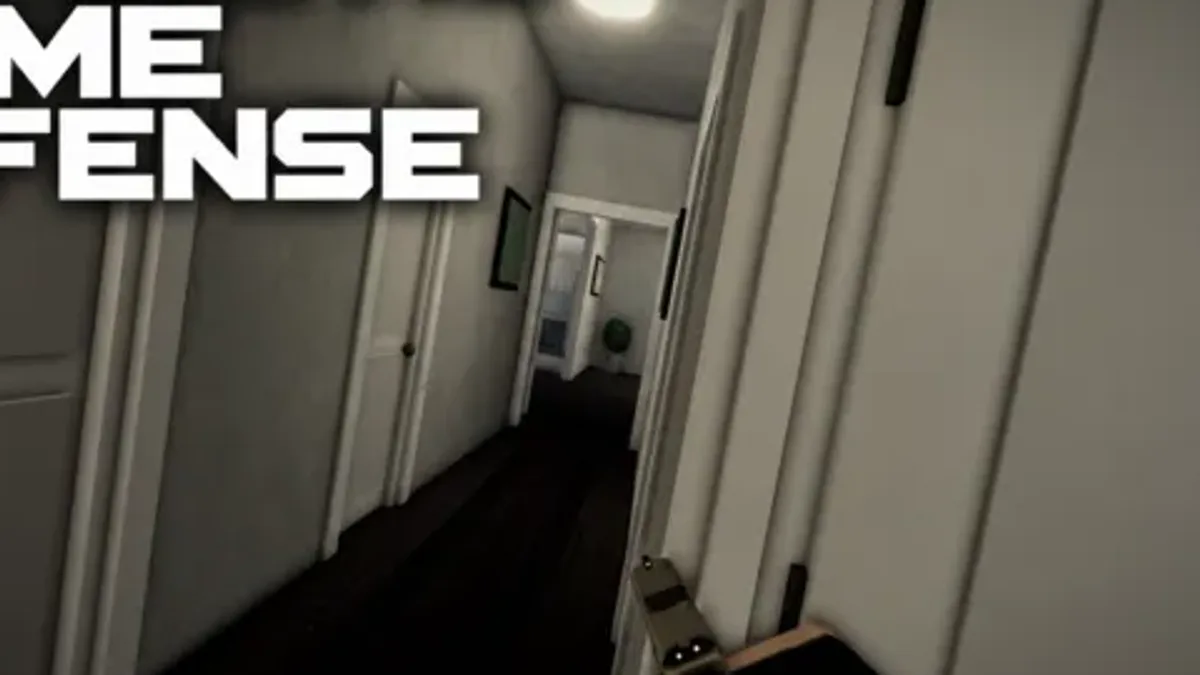 Realistic Home Defense controls cover: a doorway seen from a first-person weapon view, the kind of corner the lean key exists for