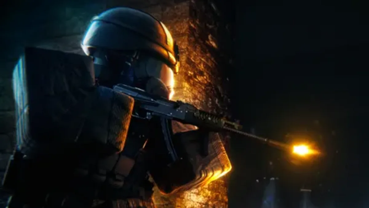 Realistic Home Defense pass cover: an armored operator with a rifle under a muzzle flash, framed against a blue-lit doorway
