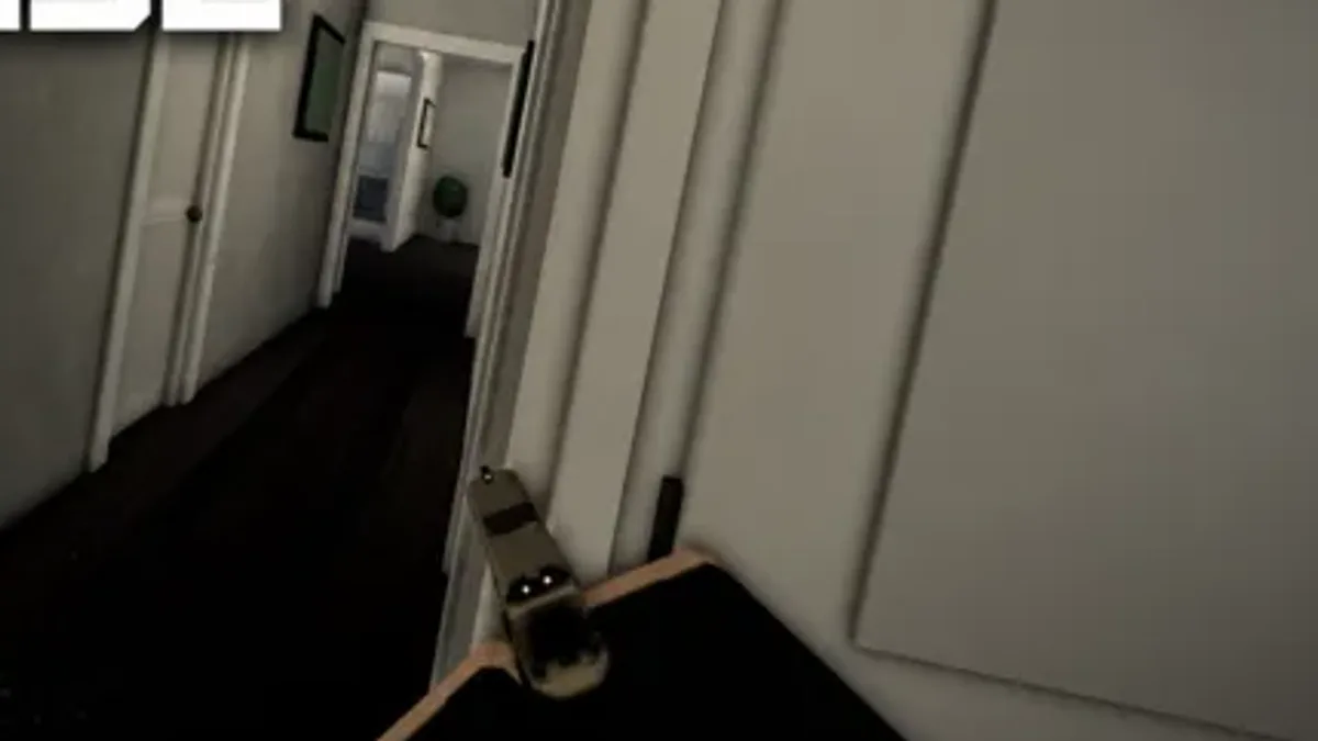 Realistic Home Defense money cover: a first-person weapon view in a dim hallway, the loadout you are trying to afford