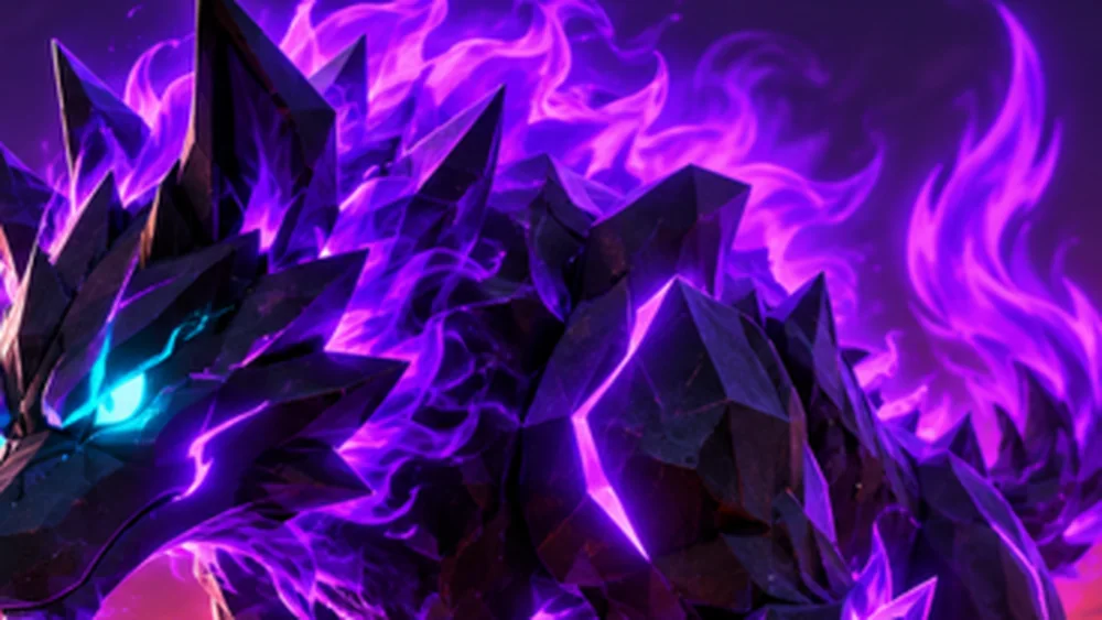 Tame An Animal official key art: a purple crystal wolf with glowing blue eyes stands on cracked lava rock while a player aims a blue taming beam at it