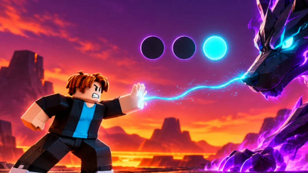Tame An Animal official key art: a Roblox player in a black jacket fires a blue taming beam at a purple crystal wolf on a cracked lava causeway