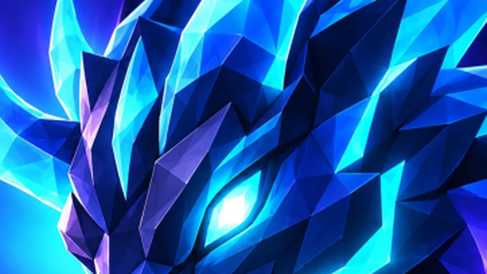 Tame An Animal official Halloween icon: a player reaches toward the glowing jaw of a faceted blue crystal dragon against a purple background