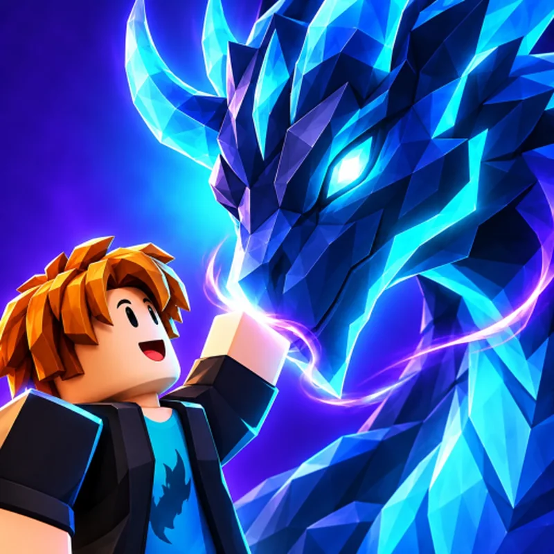 Tame An Animal official Halloween icon: a Roblox player reaches toward the glowing jaw of a faceted blue crystal dragon on a violet background