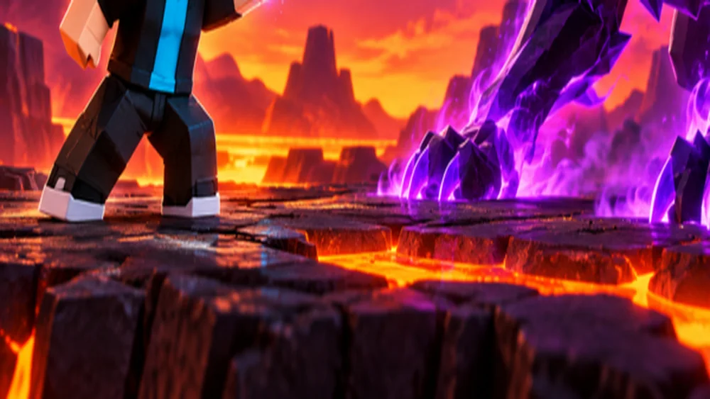 Tame An Animal official key art: floating stone pillars and a lava horizon behind a player and a crystal wolf, showing the layered terrain the map is built on